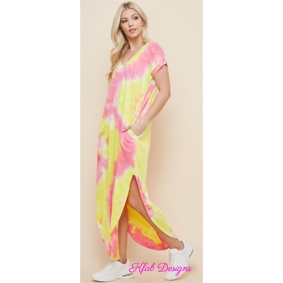 💗LAST 1! V Neck Tie Dye Maxi Dress w/Side Slits! - Picture 4 of 8